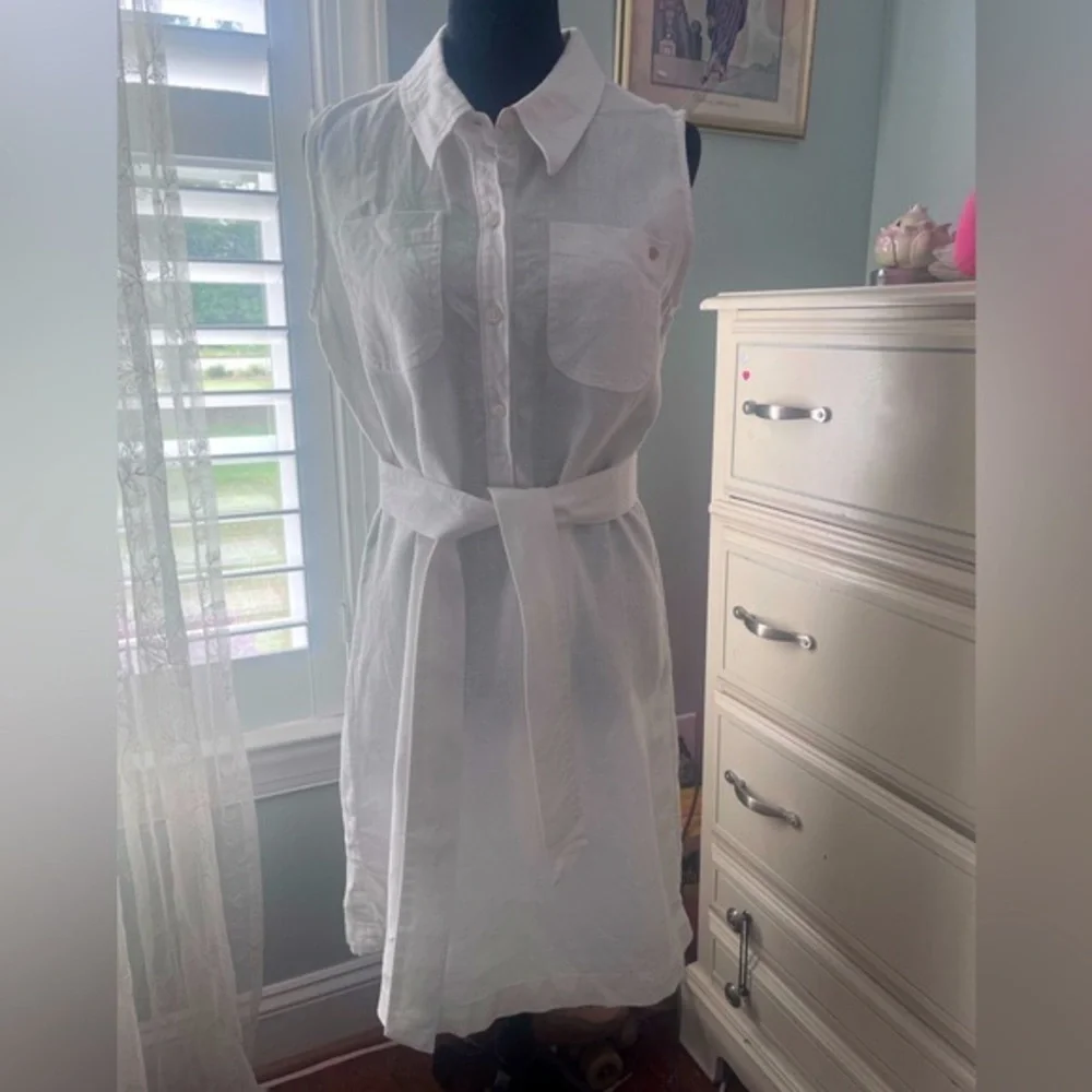 Spartina 449 Pearl White Belted Eliza Sleeveless Linen Shirt Dress • Size S